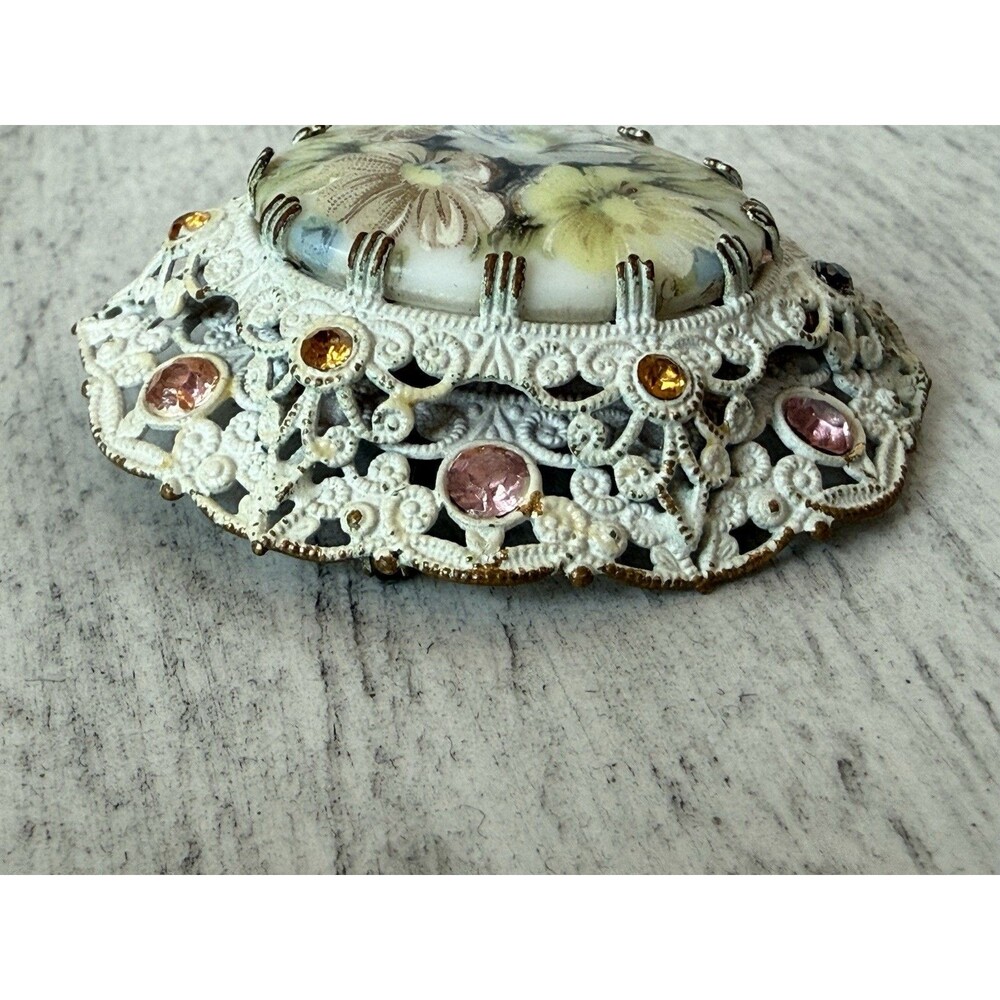 Germany Floral Enamel Hand-Painted Brooch, Clip on Earrings Set Rhinestone Vtg - Picture 12 of 15